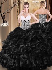 Hot Selling Black Tulle Lace Up Sweetheart Sleeveless Floor Length Sweet 16 Dresses Ruffles and Pattern