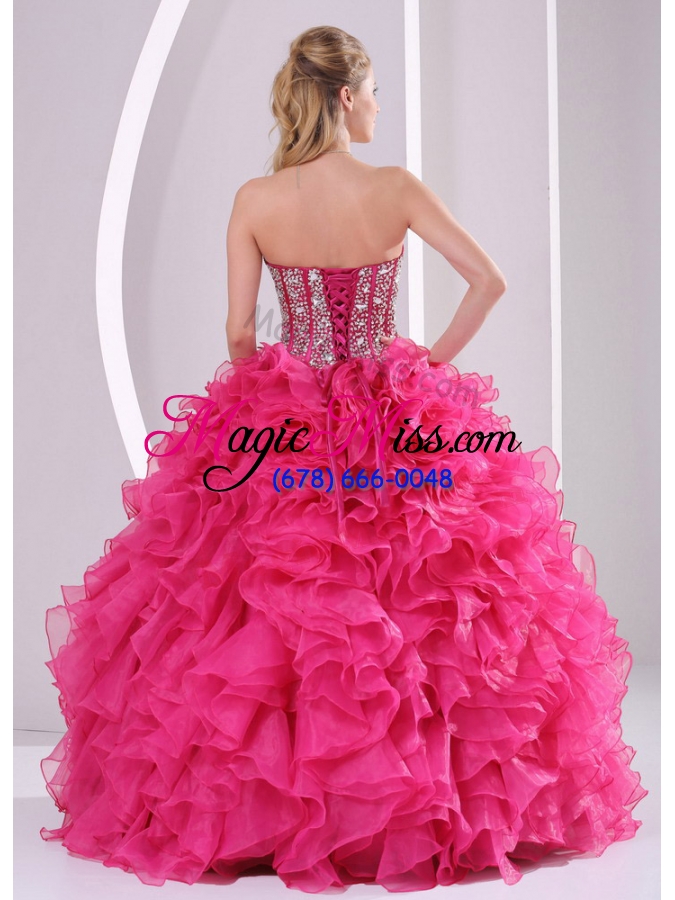 wholesale hot pink ball gown sweetheart ruffles and beading long organza quinceanera gowns