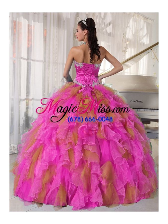 wholesale hot pink and brown sweetehart ruffles and appliques quinceanera dress
