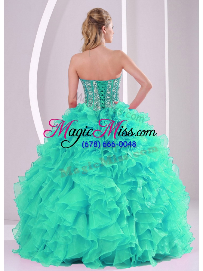 wholesale fall ball gown sweetheart ruffles and beaded decorate turquoise quinceanera gowns