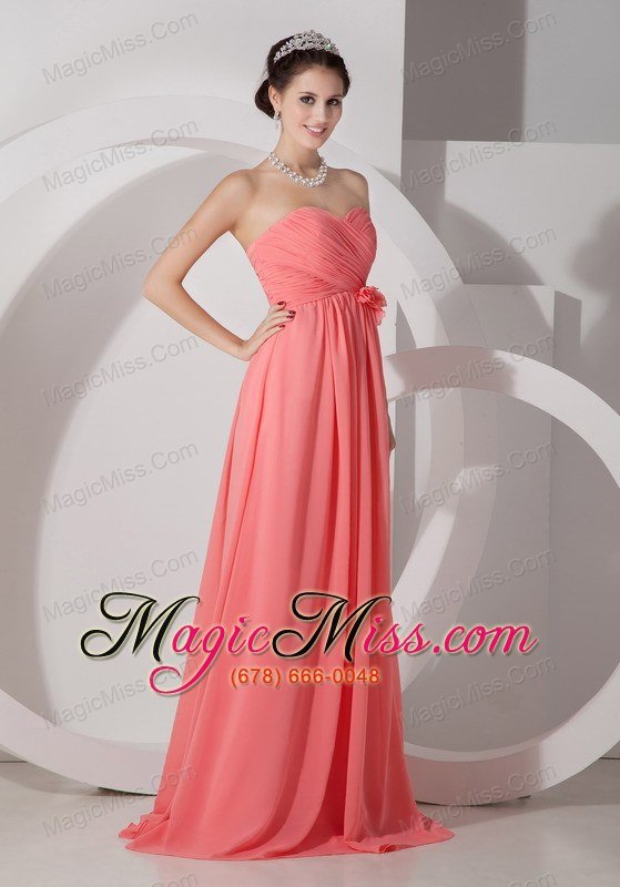 wholesale watermelon empire sweetheart brush train chiffon ruch and hand made flowers prom dress