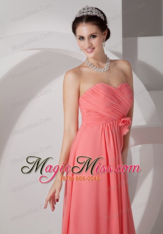 wholesale watermelon empire sweetheart brush train chiffon ruch and hand made flowers prom dress