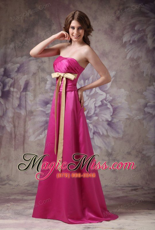 wholesale hot pink column strapless brush train satin ruch and bows prom dress