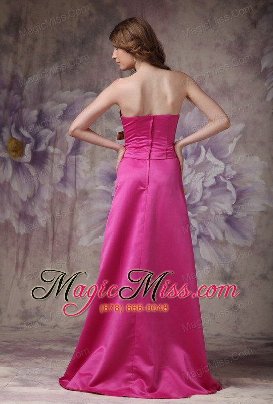 wholesale hot pink column strapless brush train satin ruch and bows prom dress