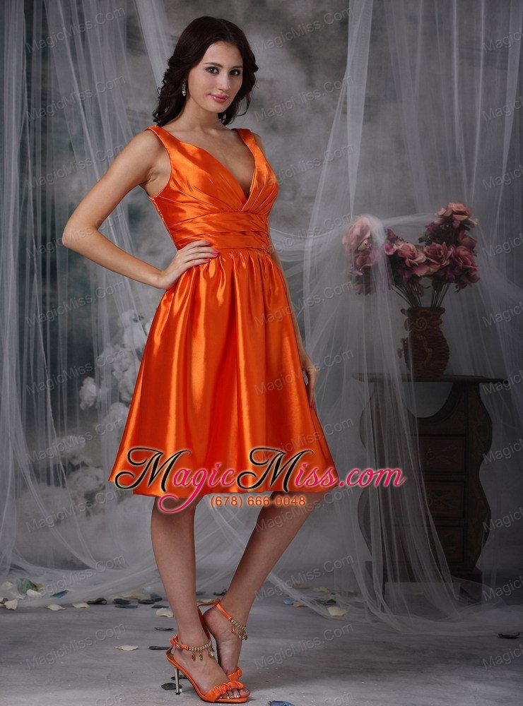 wholesale orange red column v-neck knee-length taffeta ruch prom dress