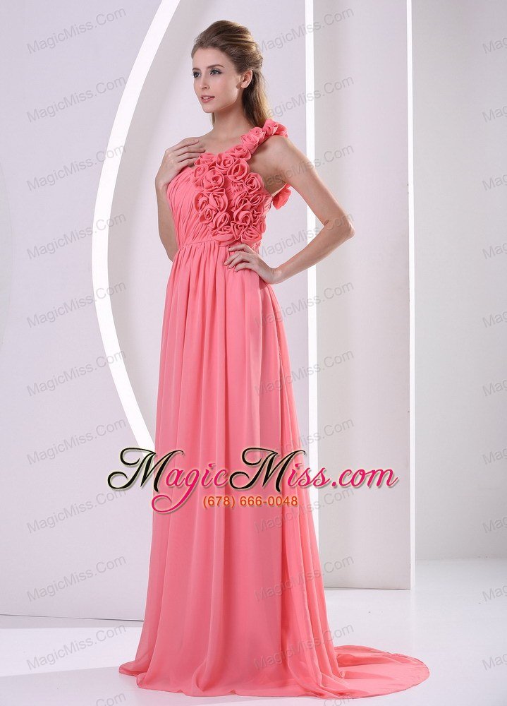 wholesale customize watermelon hand made flowers one shoulder prom celebrity dress with ruch bodice