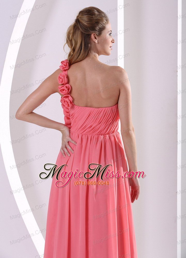 wholesale customize watermelon hand made flowers one shoulder prom celebrity dress with ruch bodice