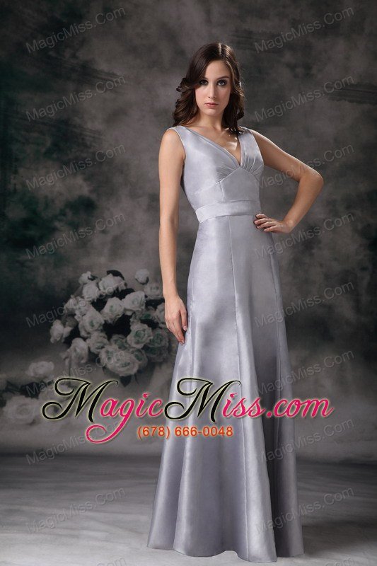 wholesale grey column / sheath v-neck floor-length satin ruch bridesmaid dress