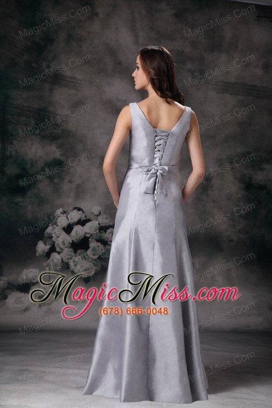 wholesale grey column / sheath v-neck floor-length satin ruch bridesmaid dress
