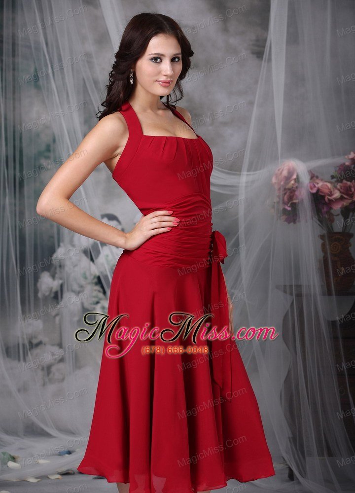 wholesale wine red column halter tea-length chiffon ruch prom dress