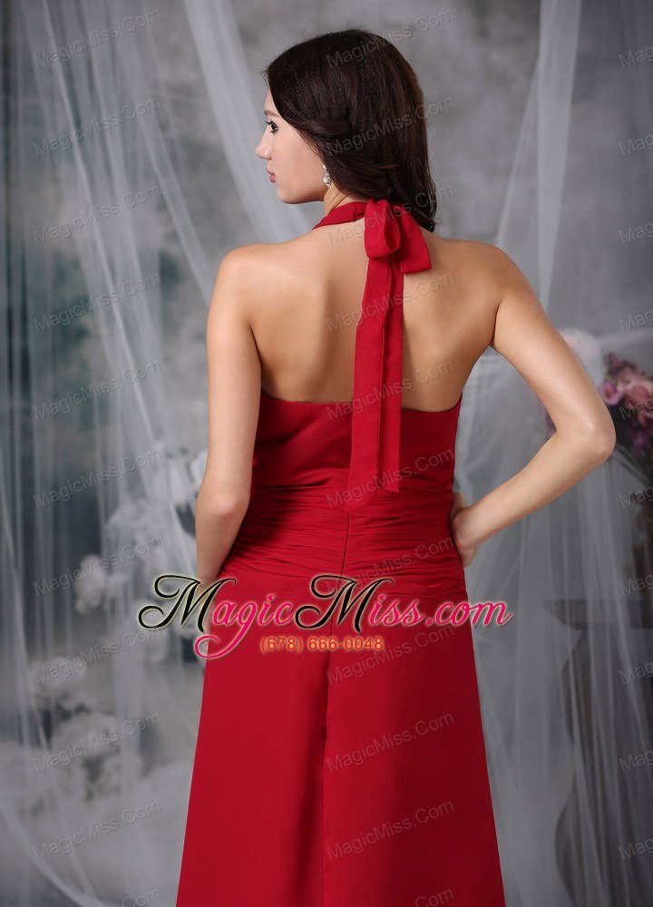 wholesale wine red column halter tea-length chiffon ruch prom dress