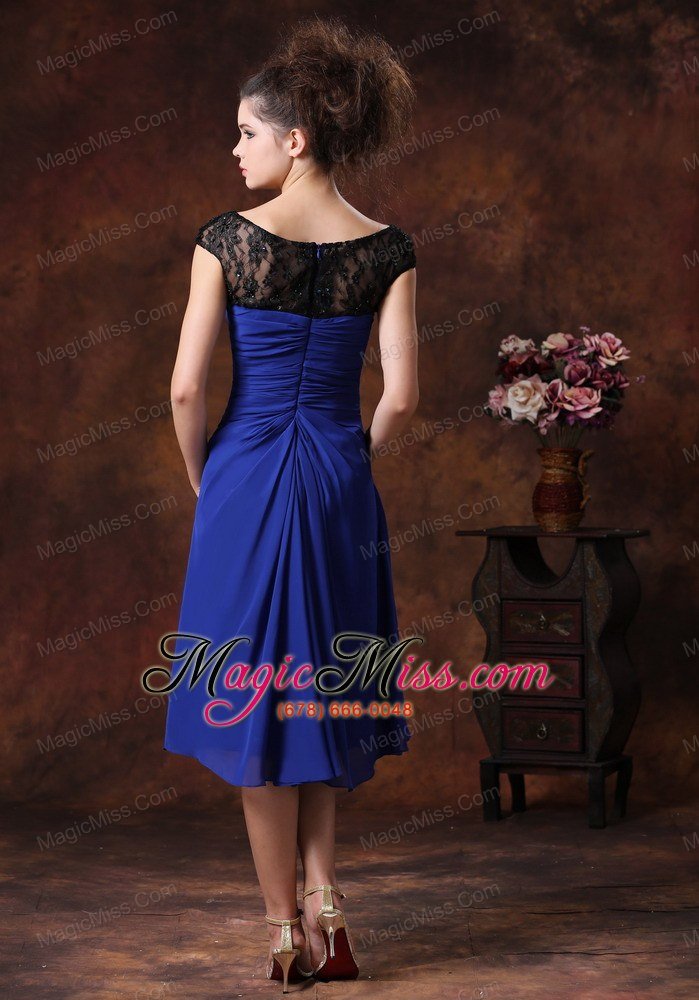 wholesale chiffon ruched straps navy blue 2013 tea-length bridesmaid dress