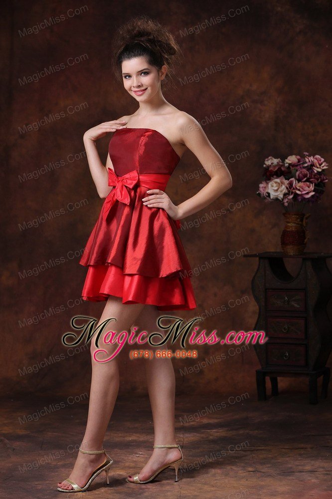 wholesale bowknot a-line red mini-length strapless taffeta bridesmaid dress