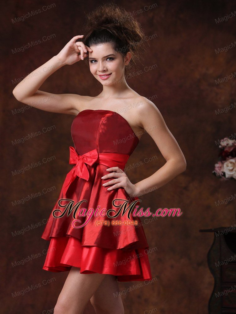 wholesale bowknot a-line red mini-length strapless taffeta bridesmaid dress