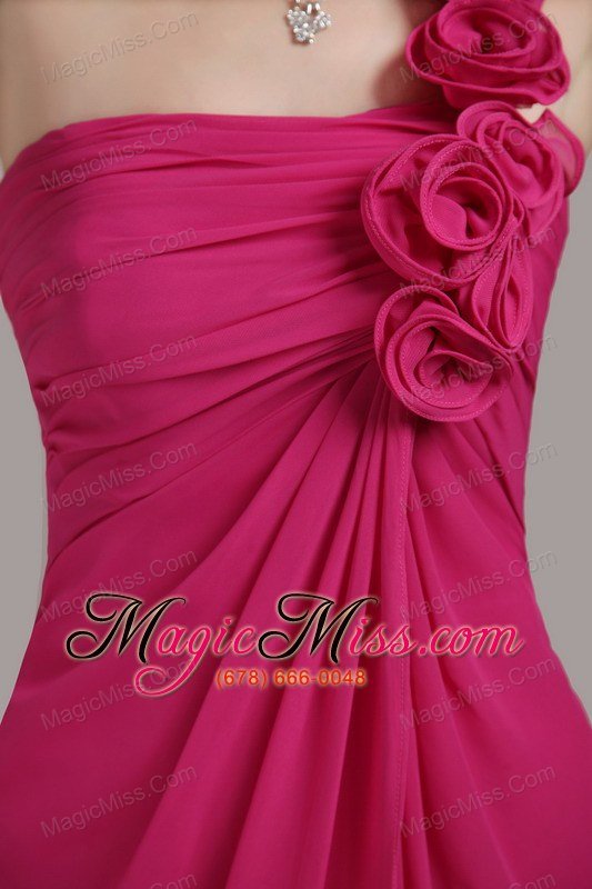 wholesale hot pink empire one shoulder knee-length chiffon hand flowers bridesmaid dress