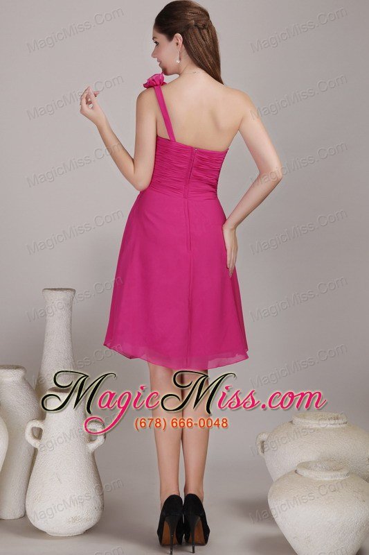 wholesale hot pink empire one shoulder knee-length chiffon hand flowers bridesmaid dress