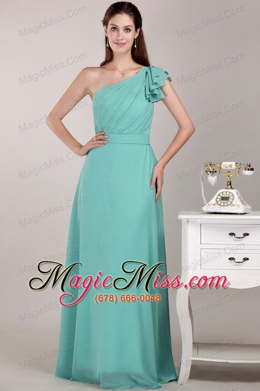 wholesale turquoise column / sheath one shoulder floor-length chiffon ruch bridesmaid dress