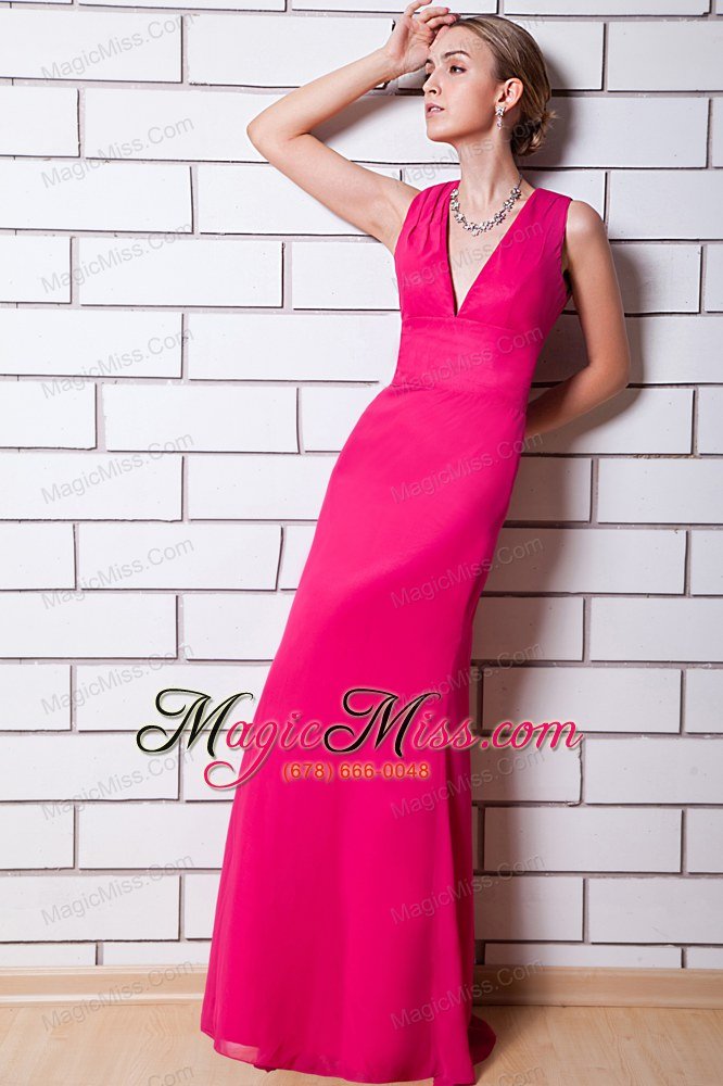 wholesale hot pink column v-neck floor-length chiffon prom dress