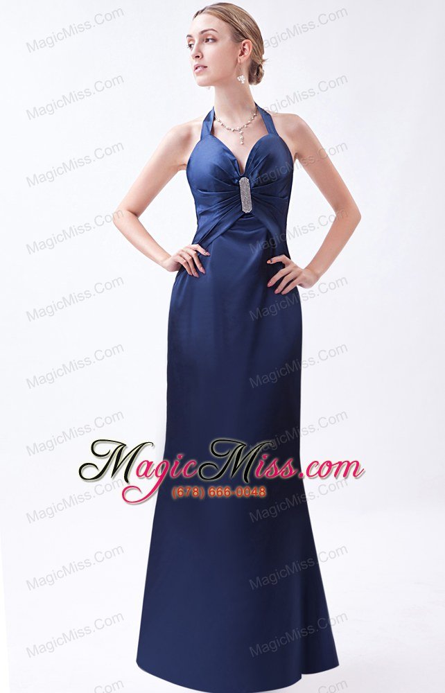 wholesale navy blue column halter floor-length taffeta beading prom dress