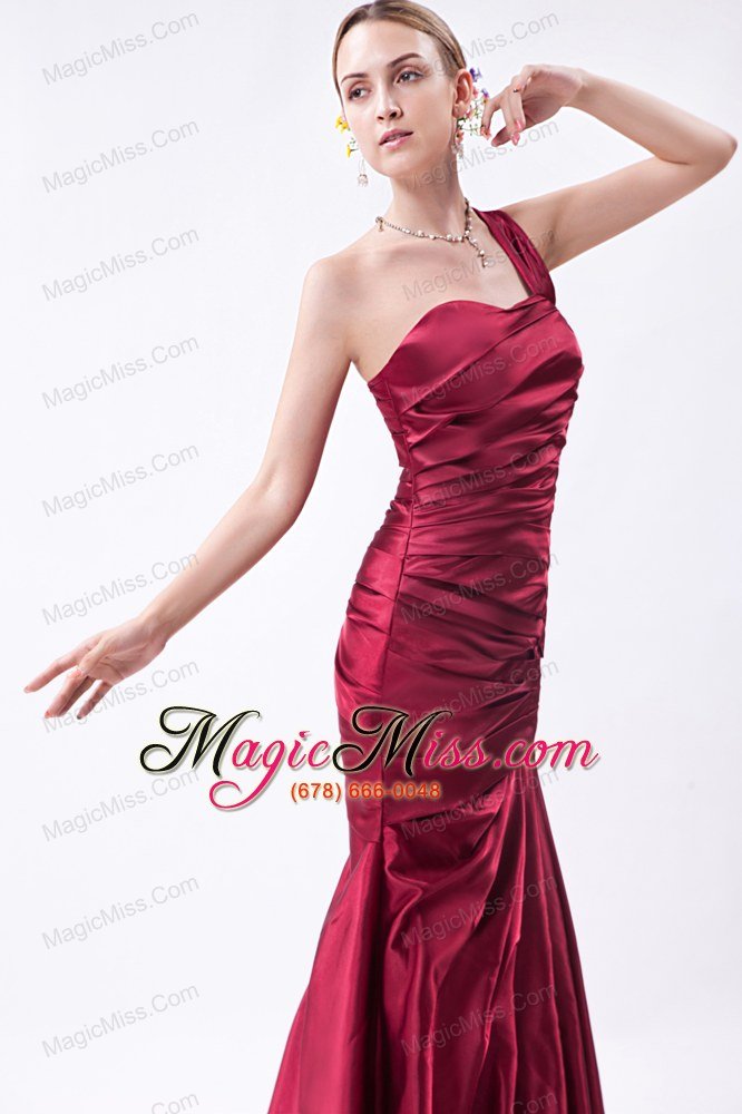 wholesale wine red mermaid one shoulder floor-length taffeta ruch prom dress