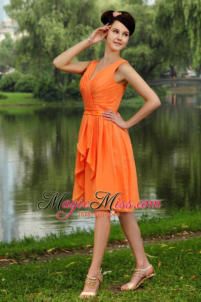wholesale orange empire v-neck knee-length chiffon ruch prom / homecoming dress