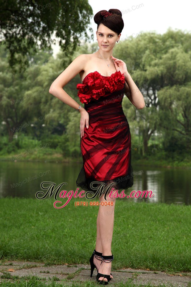 wholesale red column strapless prom / homecoming dress tulle hand made flowers mini-length
