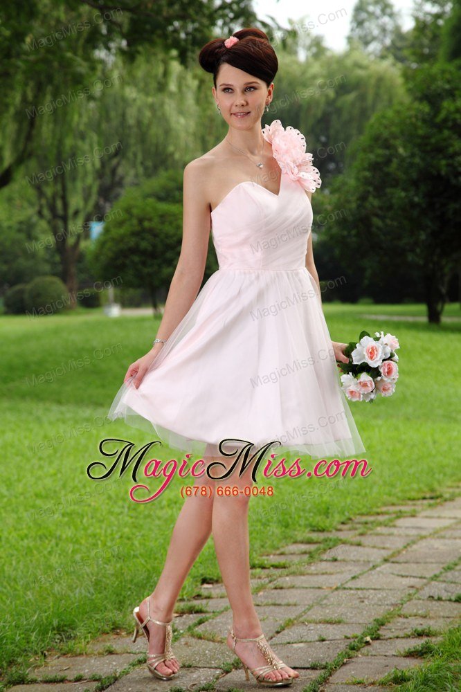 wholesale light pink a-line one shoulder mini-length tulle hand made flowers prom / homecoming dress
