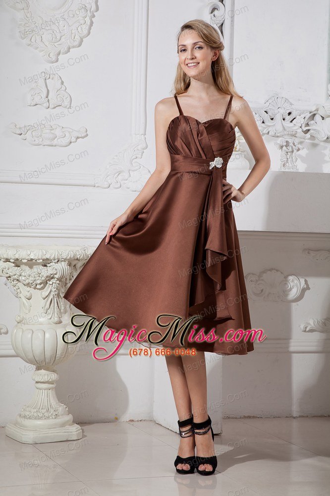 wholesale brown a-line spaghetti straps tea-length satin and organza beading prom dress