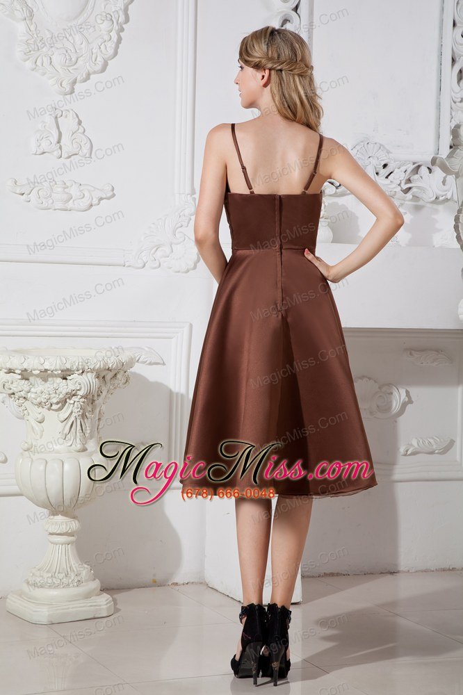 wholesale brown a-line spaghetti straps tea-length satin and organza beading prom dress