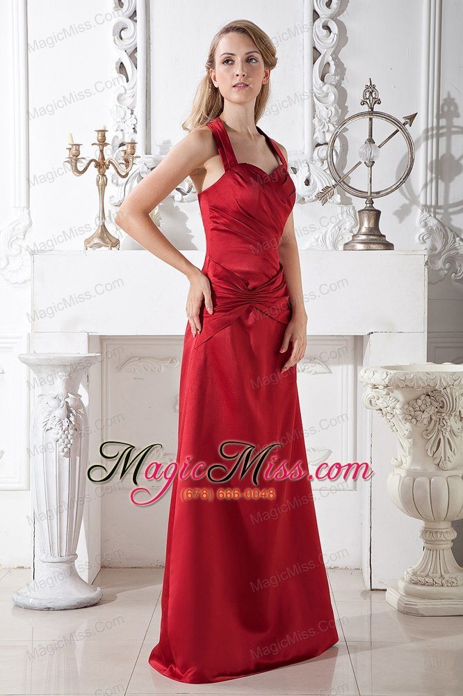 wholesale wine red a-line halter floor-length satin ruch prom dress