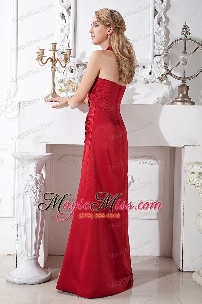 wholesale wine red a-line halter floor-length satin ruch prom dress