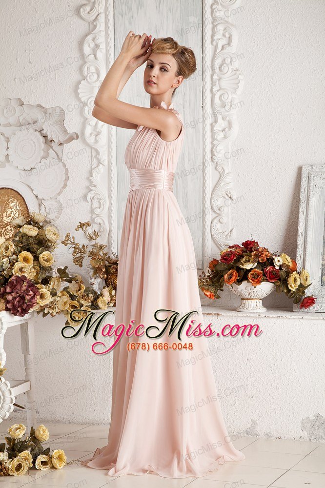 wholesale baby pink empire one shoulder brush train chiffon hand made flowers and ruch prom dress