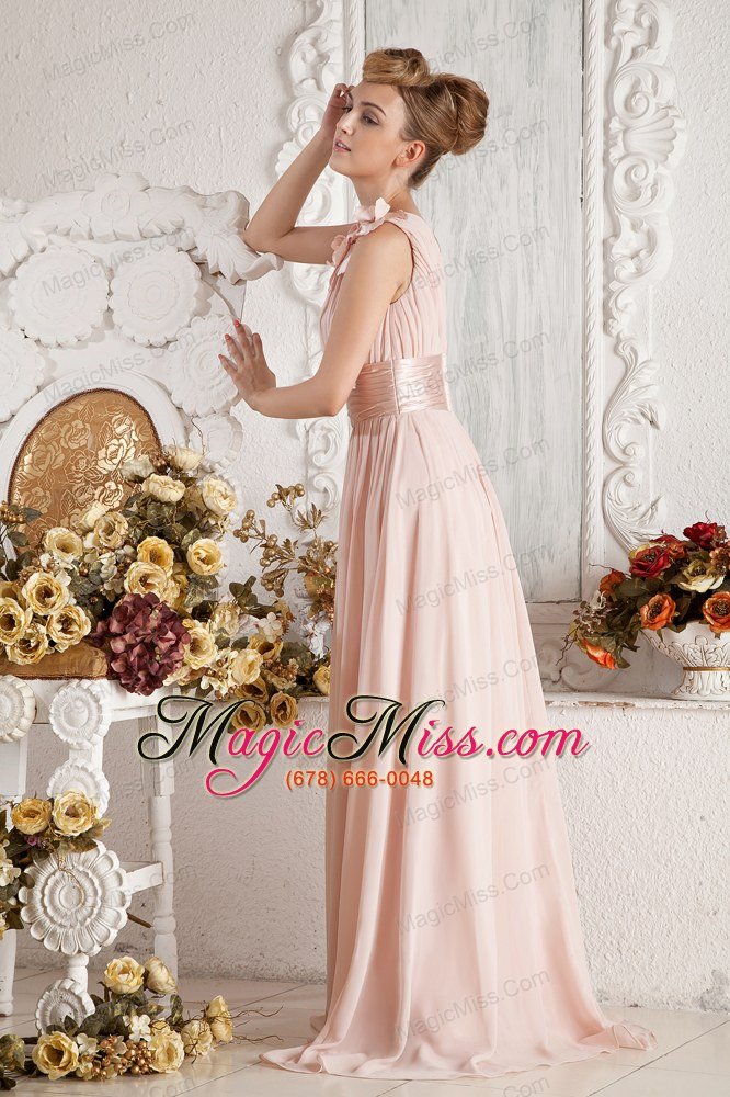 wholesale baby pink empire one shoulder brush train chiffon hand made flowers and ruch prom dress