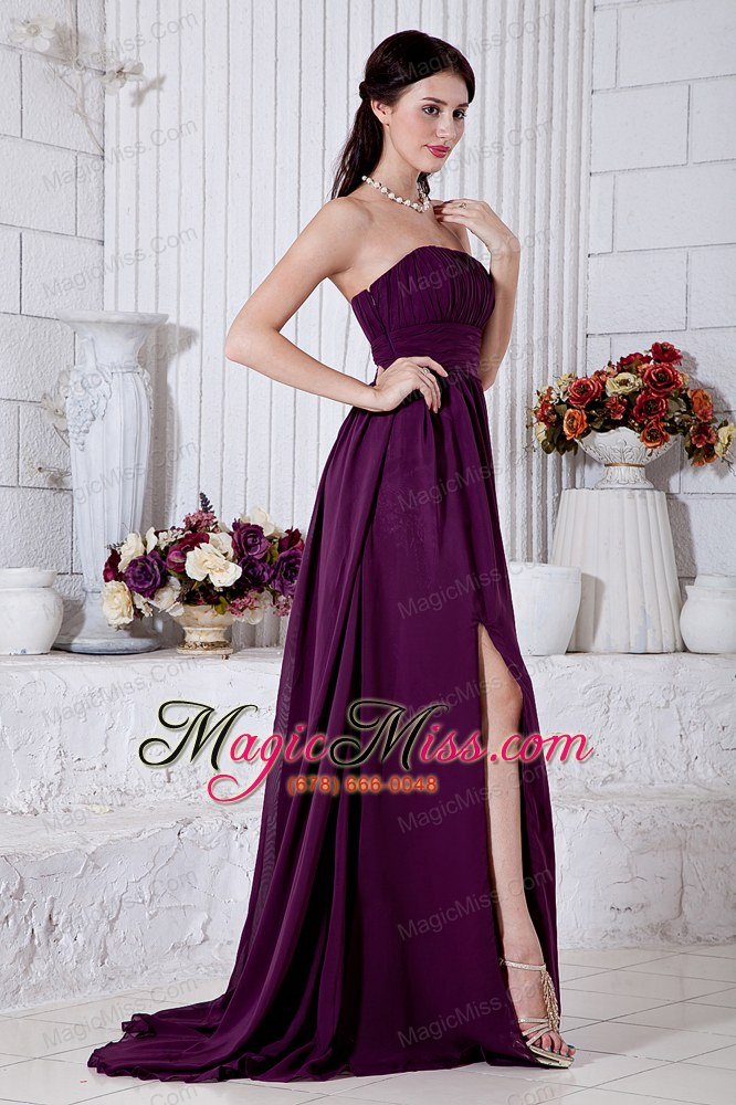 wholesale purple empire strapless brush train chiffon ruch prom / evening dress