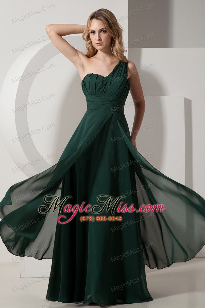 wholesale dark green a-line one shoulder bridesmaid dress chiffon ruch floor-length