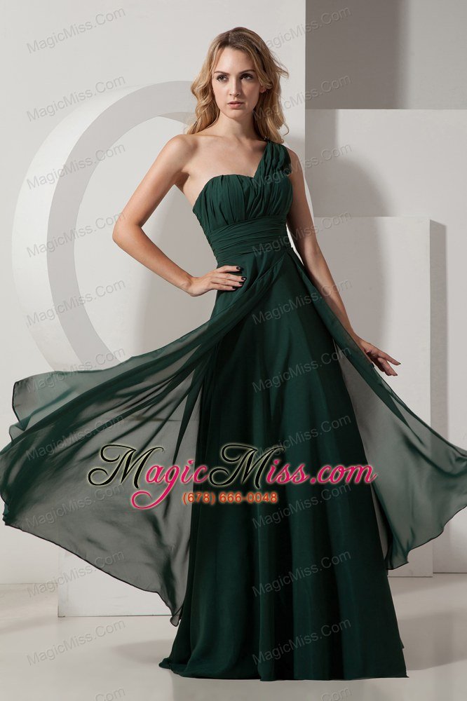 wholesale dark green a-line one shoulder bridesmaid dress chiffon ruch floor-length