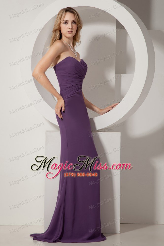 wholesale dark purple column sweetheart brush train chiffon ruch prom dress