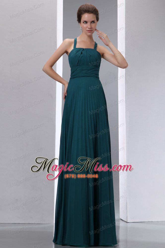 wholesale peacock green a-line straps floor-length chiffon pleat prom / evening dress