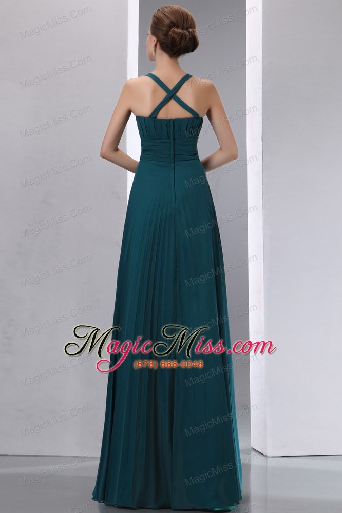 wholesale peacock green a-line straps floor-length chiffon pleat prom / evening dress