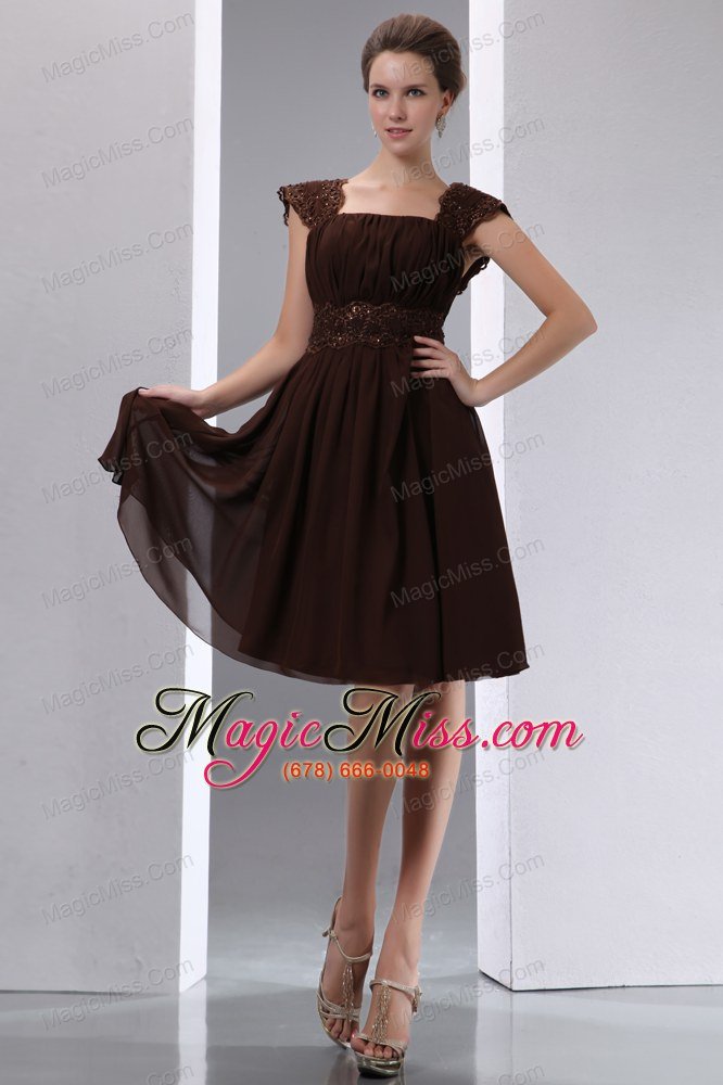 wholesale brown a-line square knee-length chiffon beading prom dress