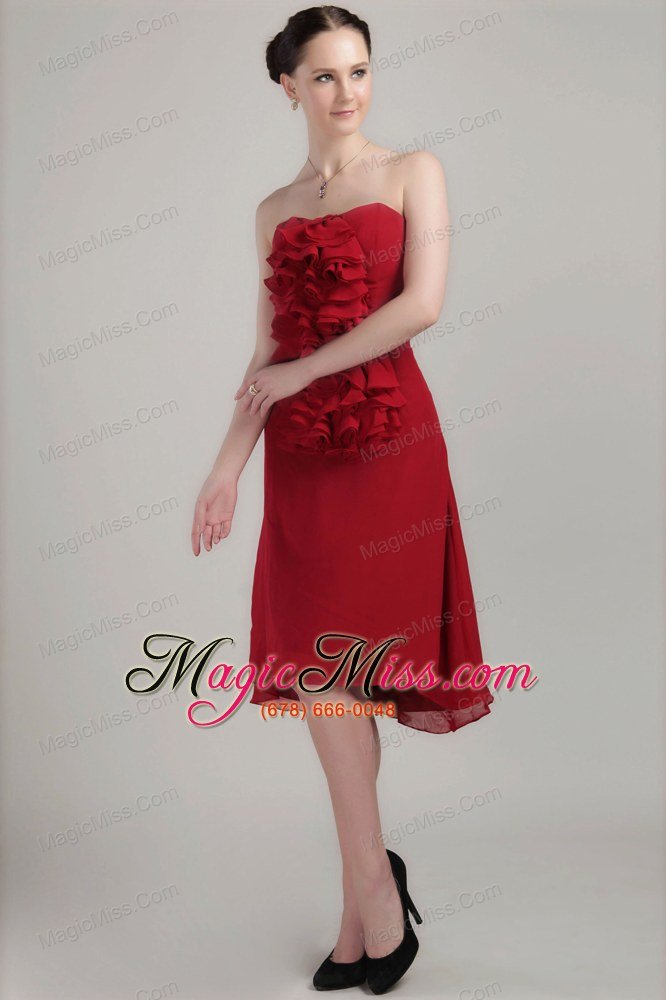 wholesale wine red column / sheath strapless asymmetrical chiffon bridesmaid dress