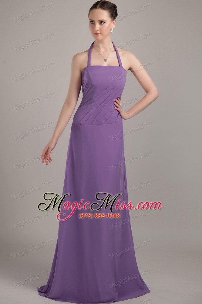 wholesale purple column halter brush train chiffon ruch bridesmaid dress