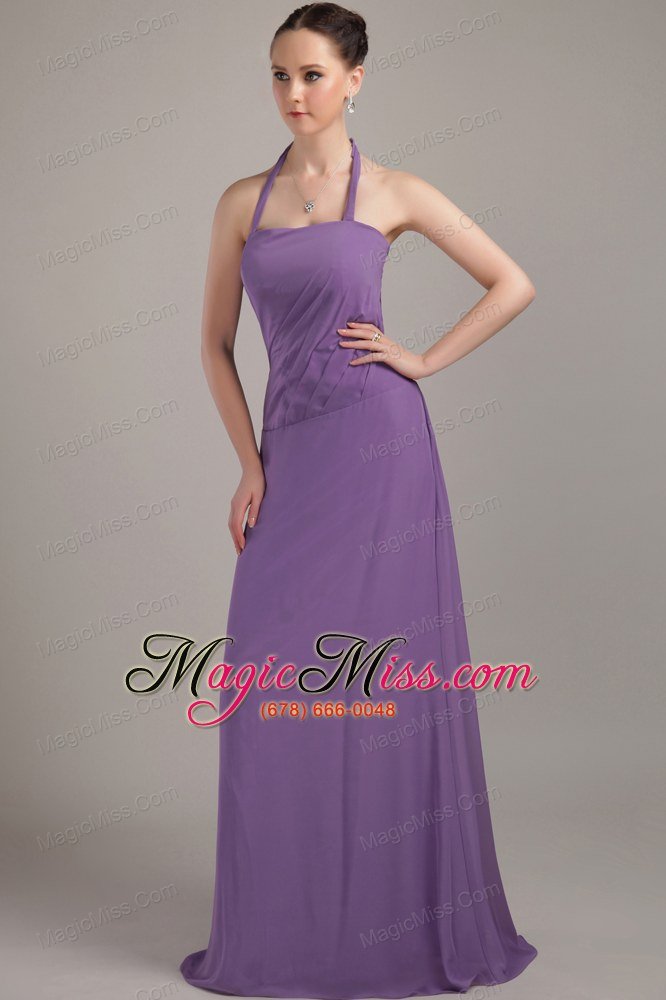 wholesale purple column halter brush train chiffon ruch bridesmaid dress