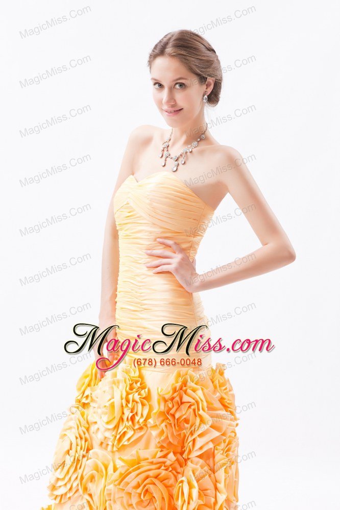 wholesale orange mermaid sweetheart ruch prom dress floor-length fabric with rolling flower