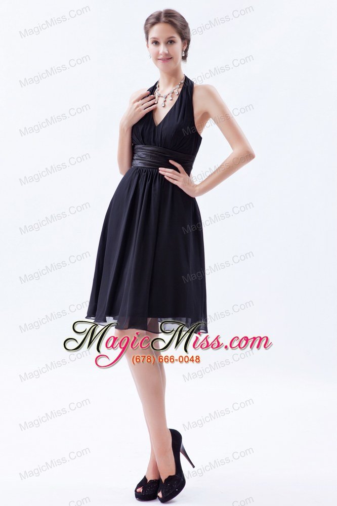 wholesale black empire halter knee-length chiffon ruch bridesmaid dress