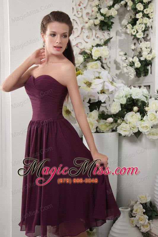 wholesale purple empire sweetheart tea-length chiffon pleat bridesmaid dress