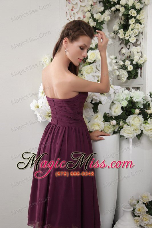 wholesale purple empire sweetheart tea-length chiffon pleat bridesmaid dress