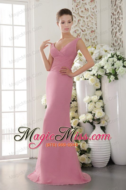 wholesale light pink column / sheath v-neck brush /sweep chiffon ruch bridesmaid dress