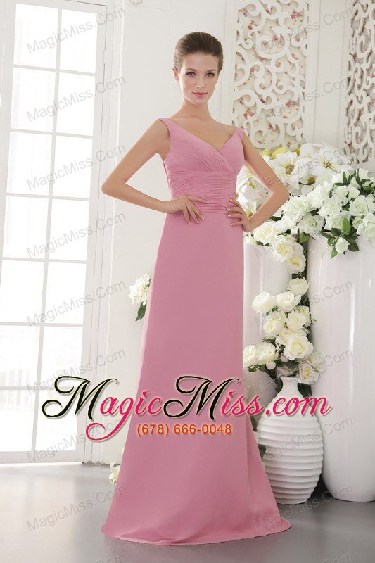wholesale light pink column / sheath v-neck brush /sweep chiffon ruch bridesmaid dress
