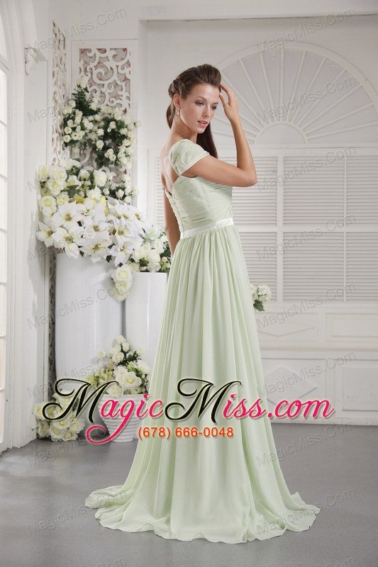 wholesale apple green empire off the shoulder brush train chiffon ruch bridesmaid dress